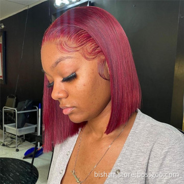 BIS Wholesale 99J Burgundy Short BoB Wig Straight Colored Human Hair Wigs For Women Dark Red 4X4 Lace Wig Pre Plucked Remy Hair